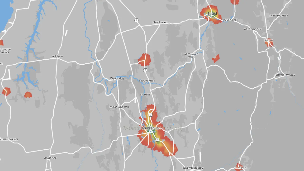 Walk Grade map of Addison County, VT, walkable areas in green and car-dependent areas in red