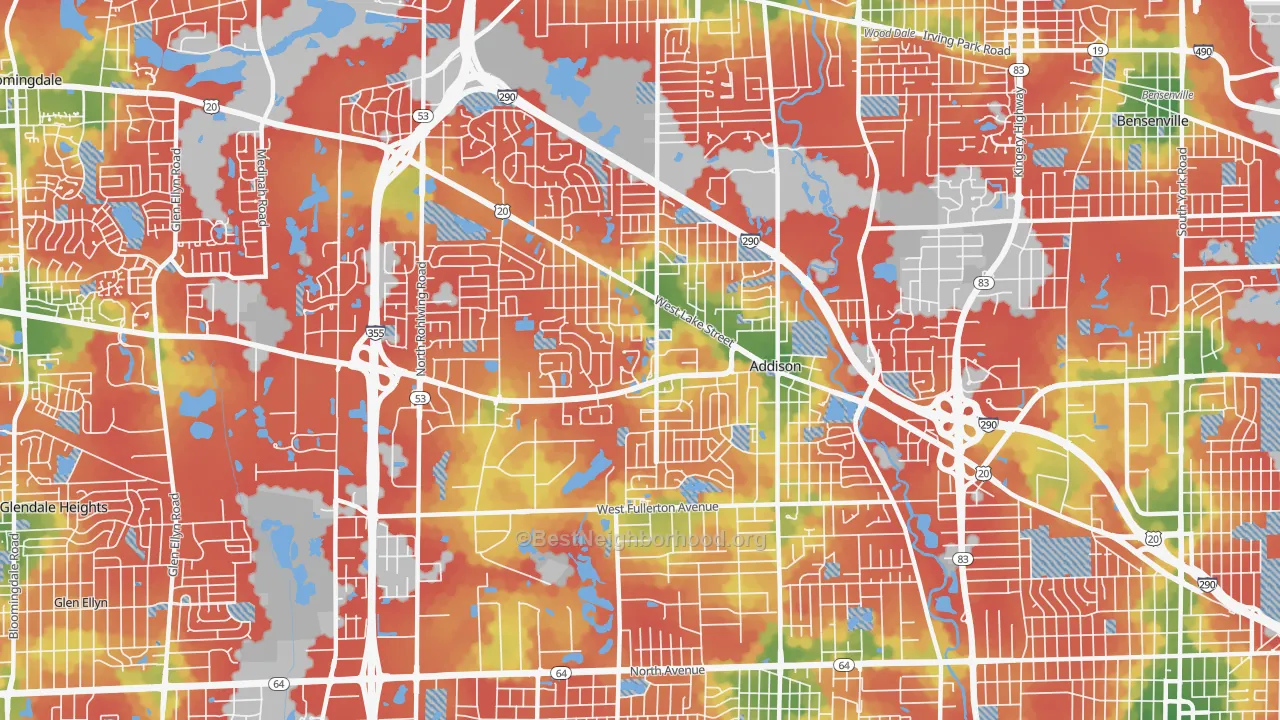 Walk Grade map of Addison, IL, walkable areas in green and car-dependent areas in red