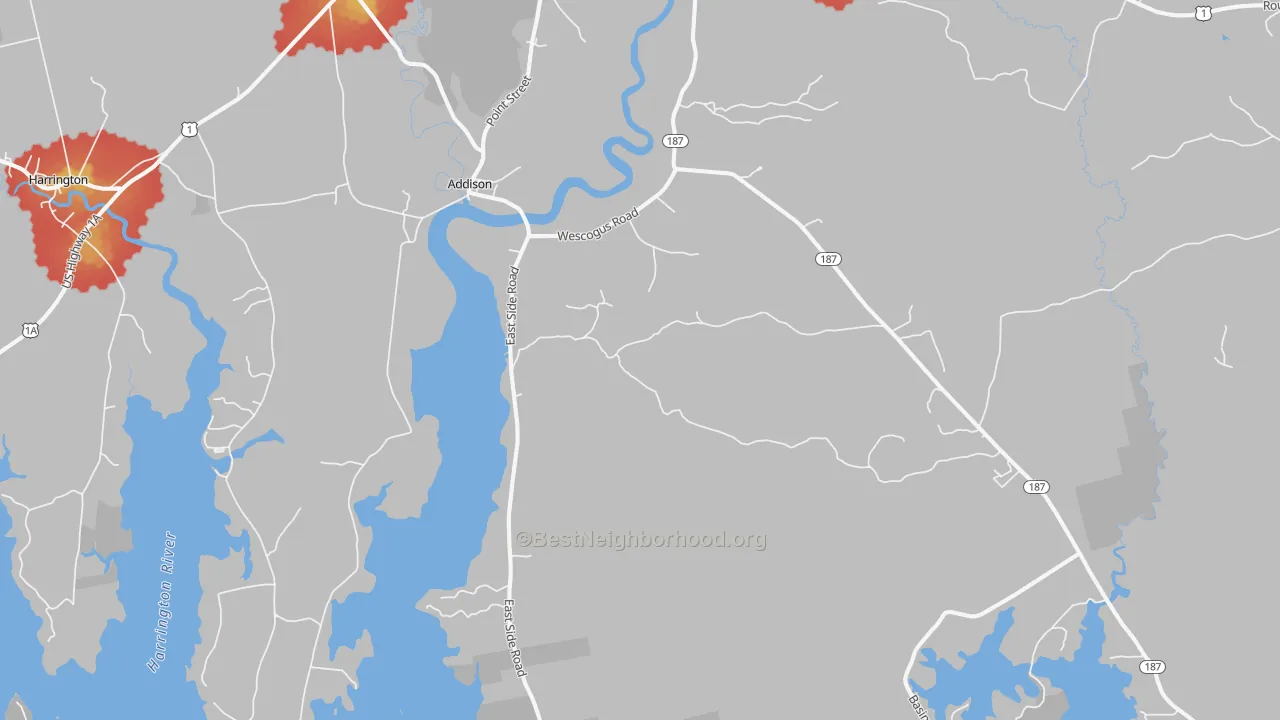 Walk Grade map of Addison, ME, walkable areas in green and car-dependent areas in red