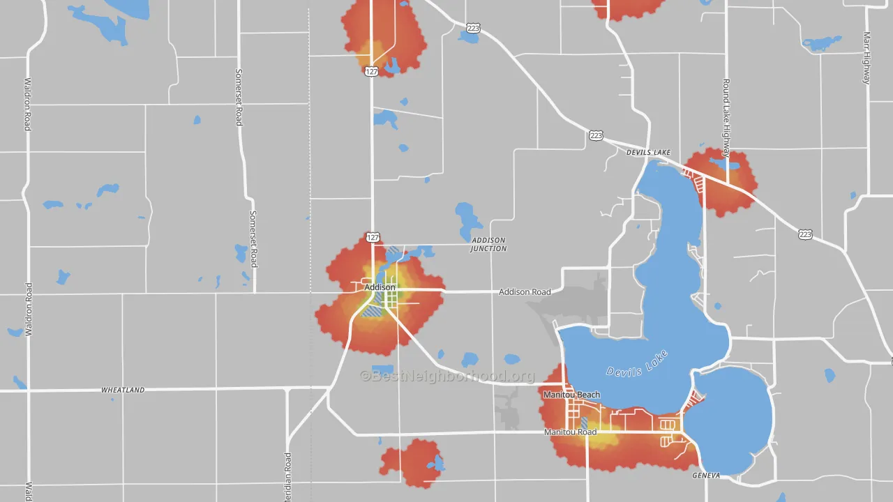 Walk Grade map of Addison, MI, walkable areas in green and car-dependent areas in red