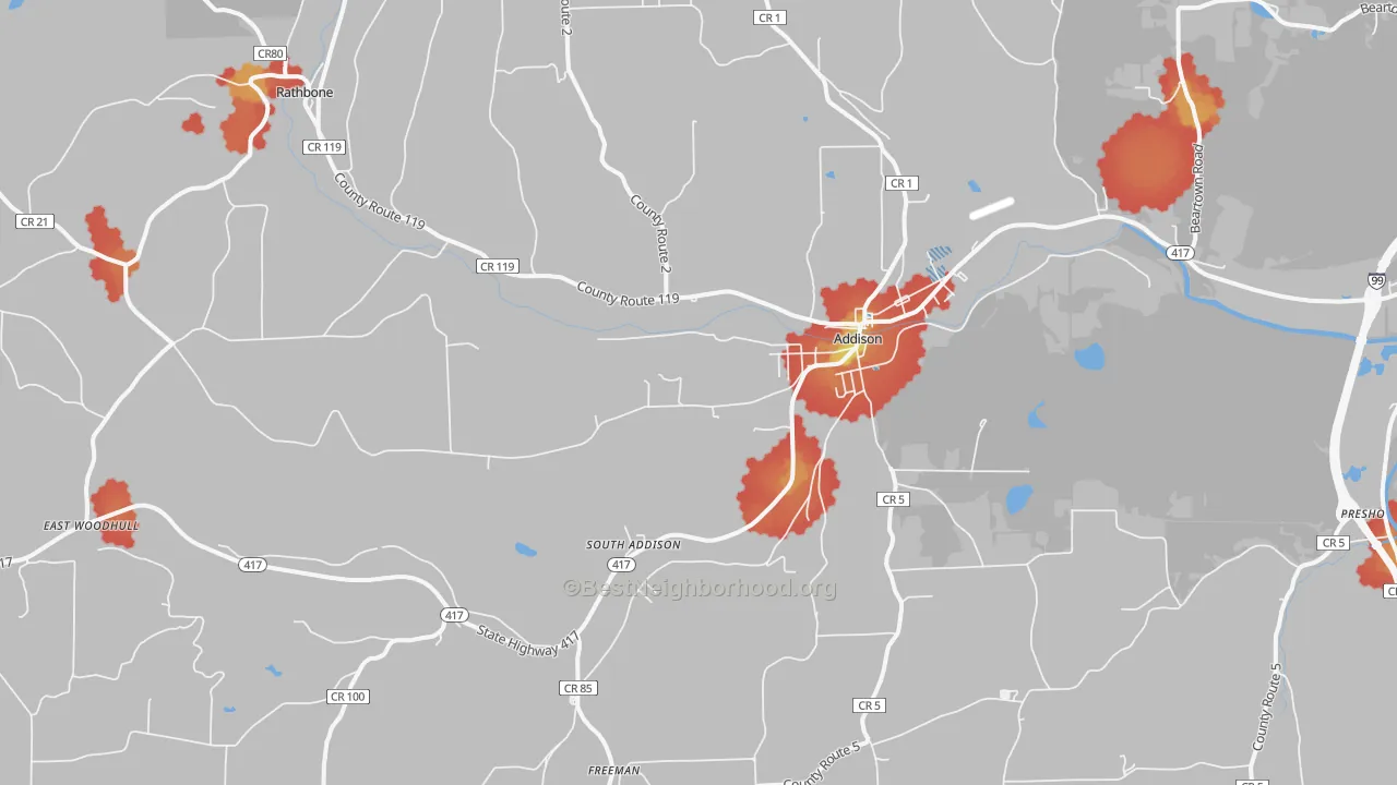 Walk Grade map of Addison, NY, walkable areas in green and car-dependent areas in red