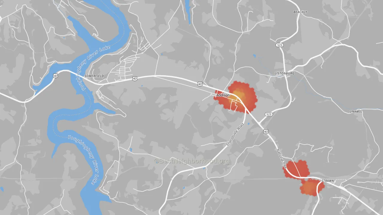 Walk Grade map of Addison, PA, walkable areas in green and car-dependent areas in red
