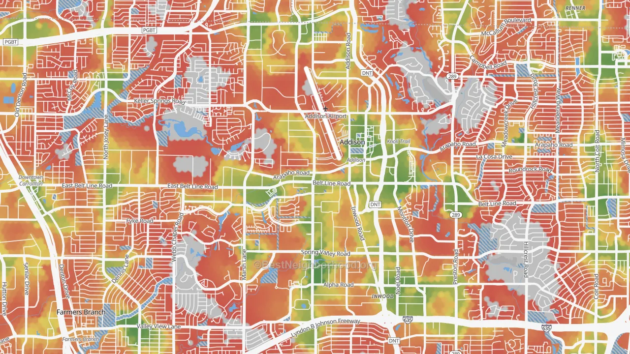 Walk Grade map of Addison, TX, walkable areas in green and car-dependent areas in red