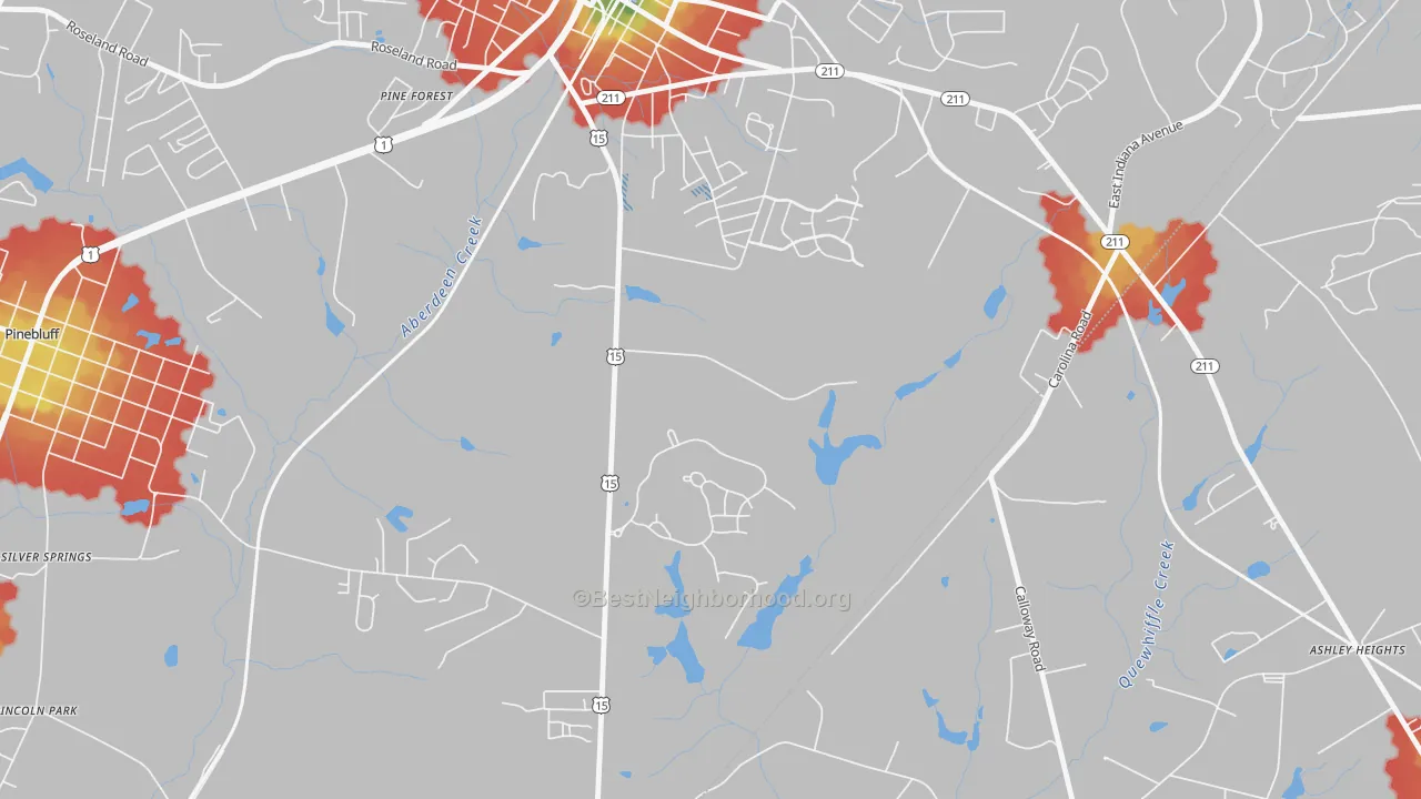 Walk Grade map of Addor, NC, walkable areas in green and car-dependent areas in red