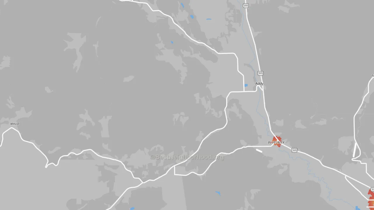 Walk Grade map of Addy, WA, walkable areas in green and car-dependent areas in red