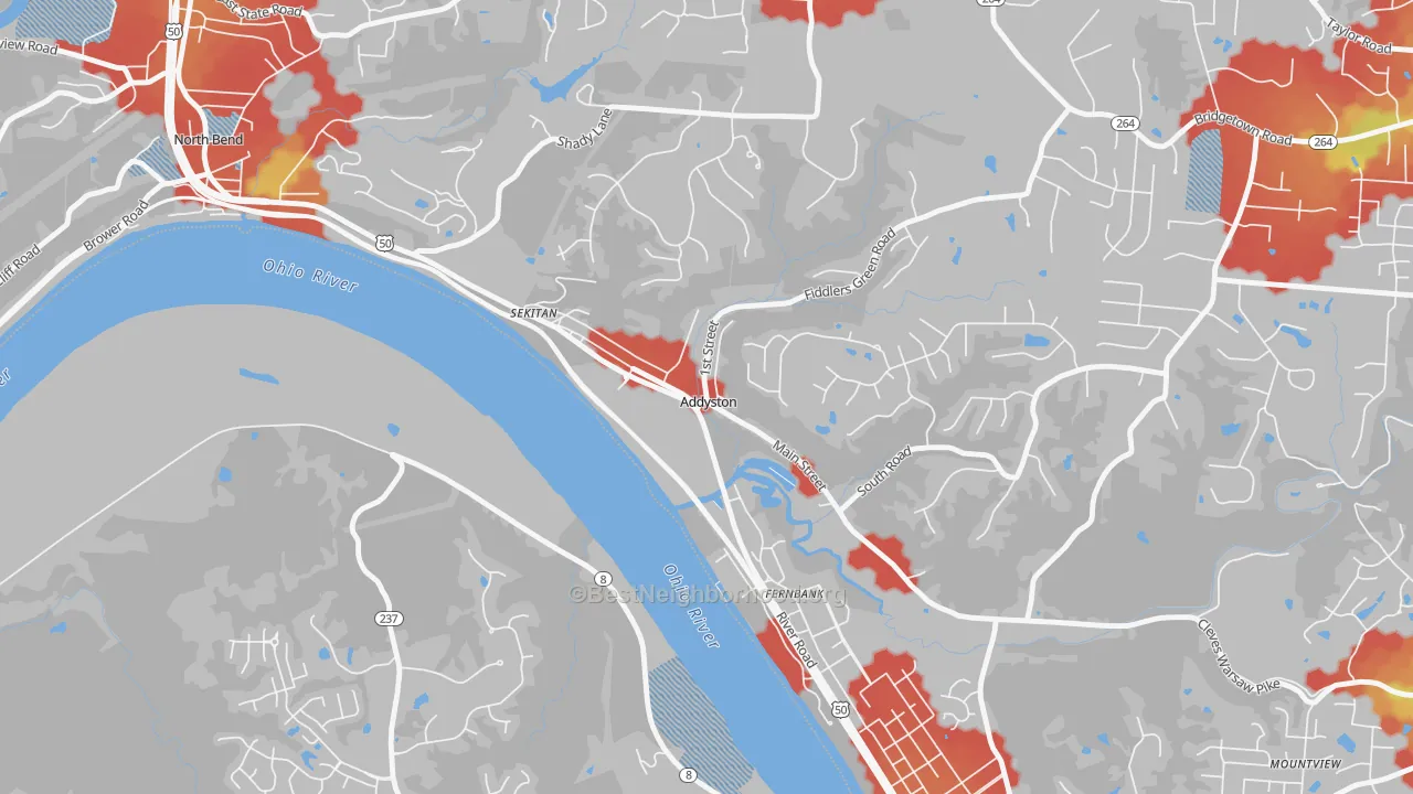 Walk Grade map of Addyston, OH, walkable areas in green and car-dependent areas in red