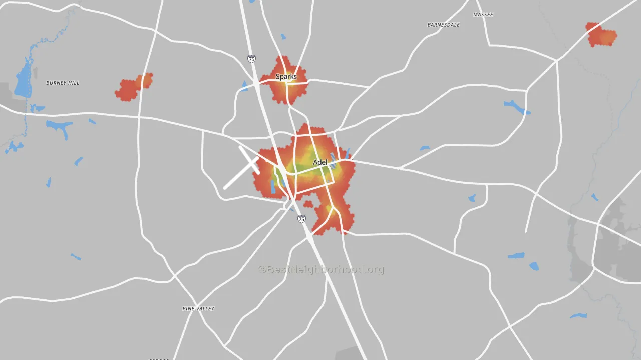 Walk Grade map of Adel, GA, walkable areas in green and car-dependent areas in red