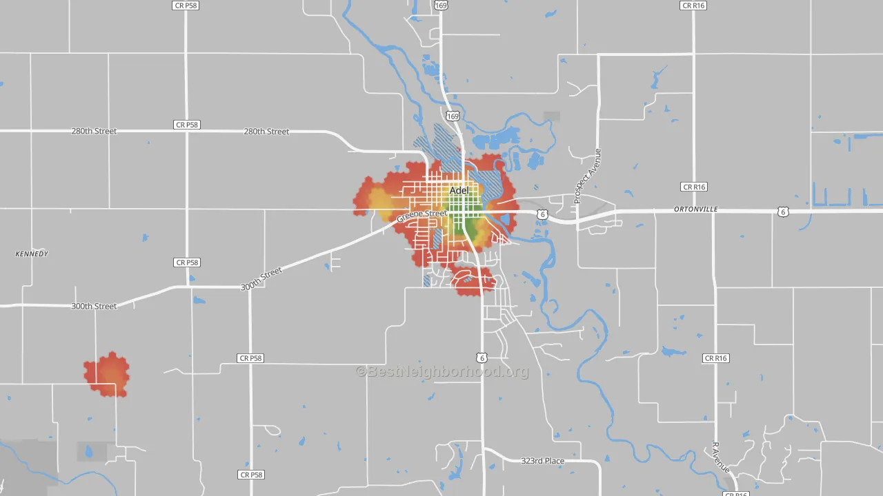 Walk Grade map of Adel, IA, walkable areas in green and car-dependent areas in red