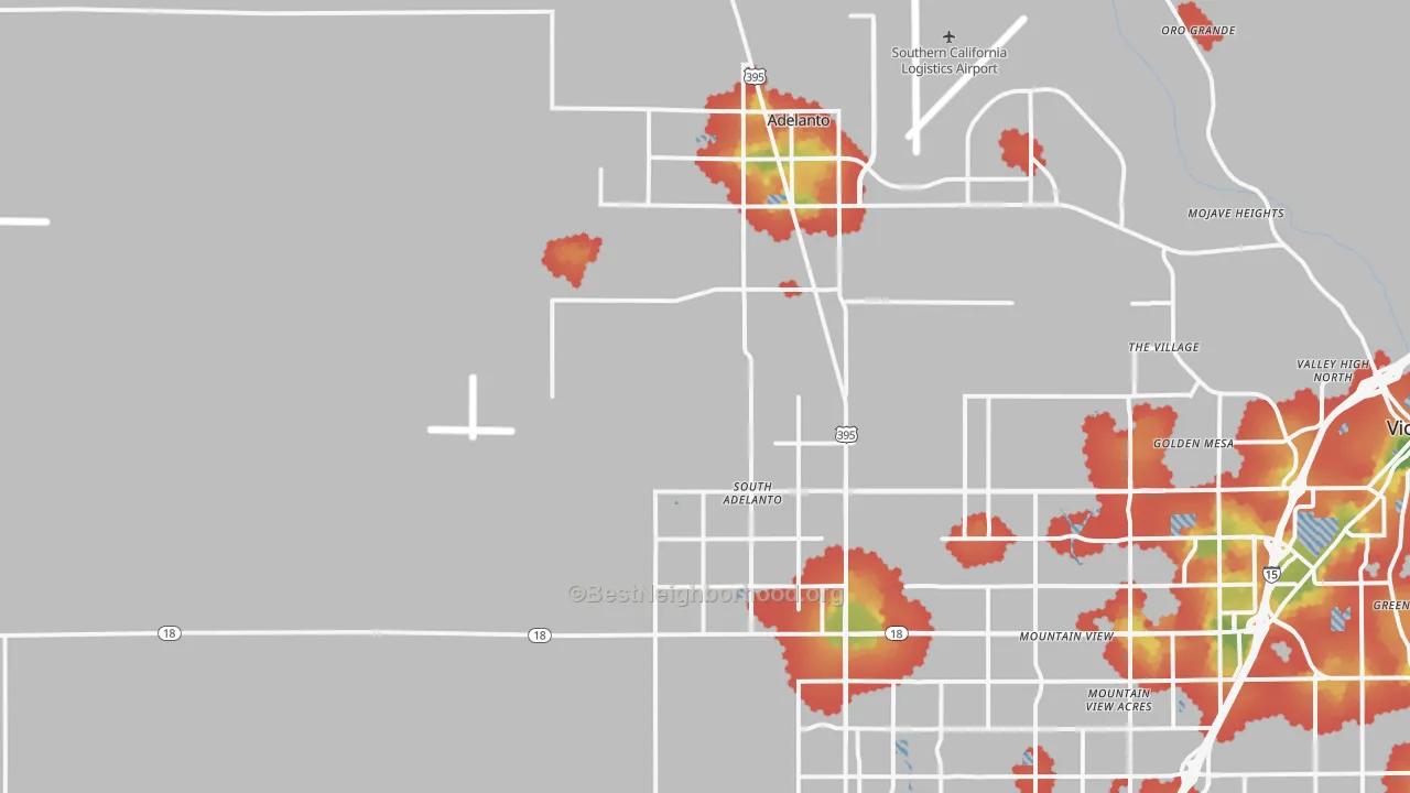 Walk Grade map of Adelanto, CA, walkable areas in green and car-dependent areas in red