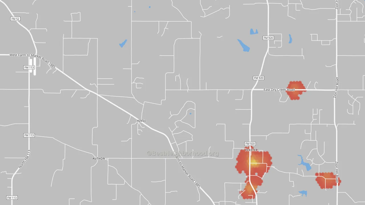 Walk Grade map of Adell, TX, walkable areas in green and car-dependent areas in red