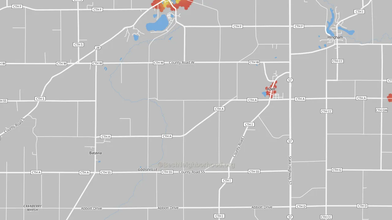 Walk Grade map of Adell, WI, walkable areas in green and car-dependent areas in red