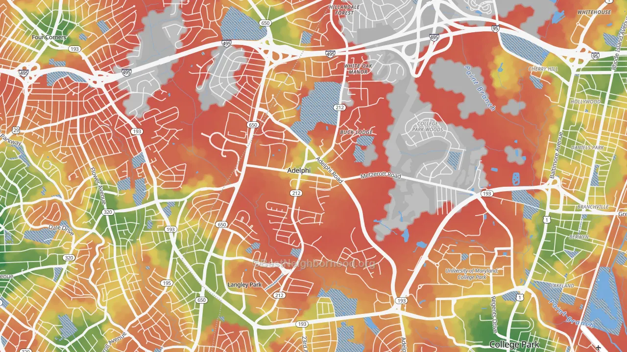 Walk Grade map of Adelphi, MD, walkable areas in green and car-dependent areas in red