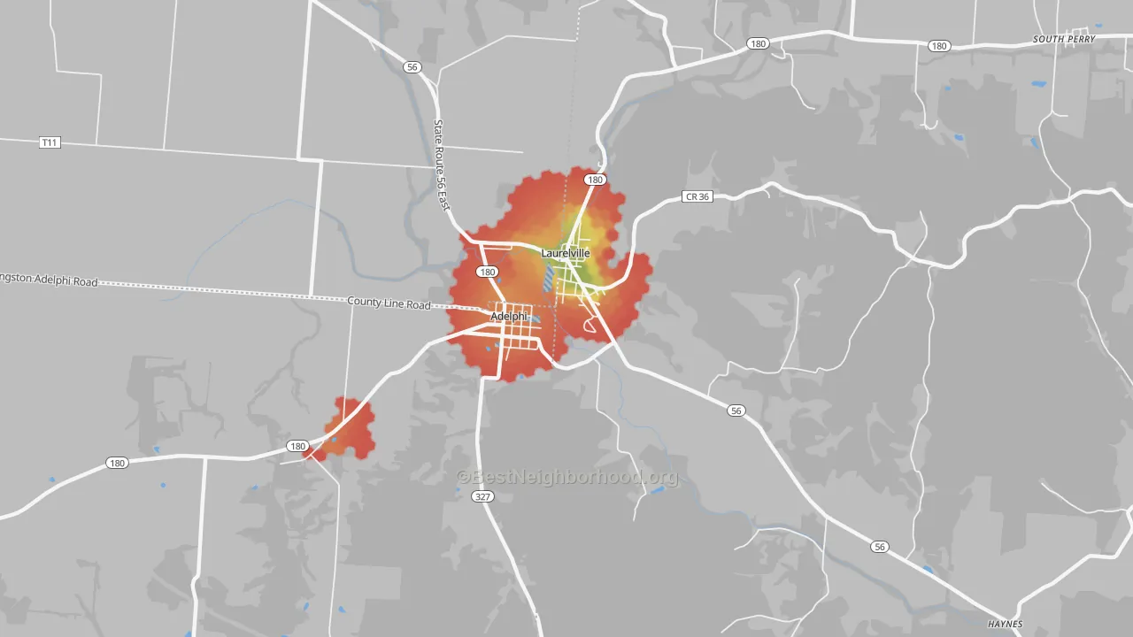 Walk Grade map of Adelphi, OH, walkable areas in green and car-dependent areas in red