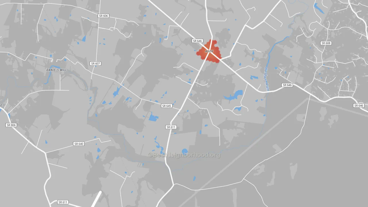 Walk Grade map of Aden, VA, walkable areas in green and car-dependent areas in red