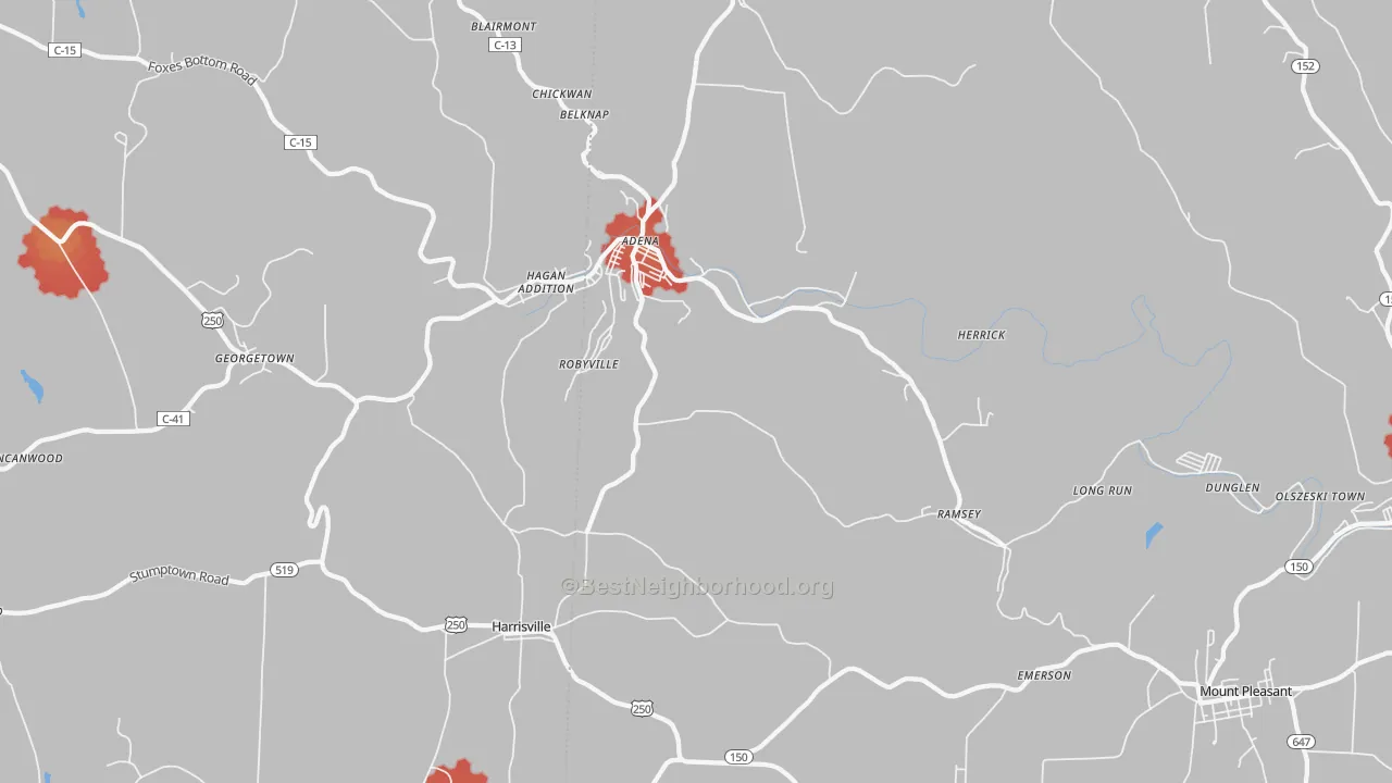 Walk Grade map of Adena, OH, walkable areas in green and car-dependent areas in red