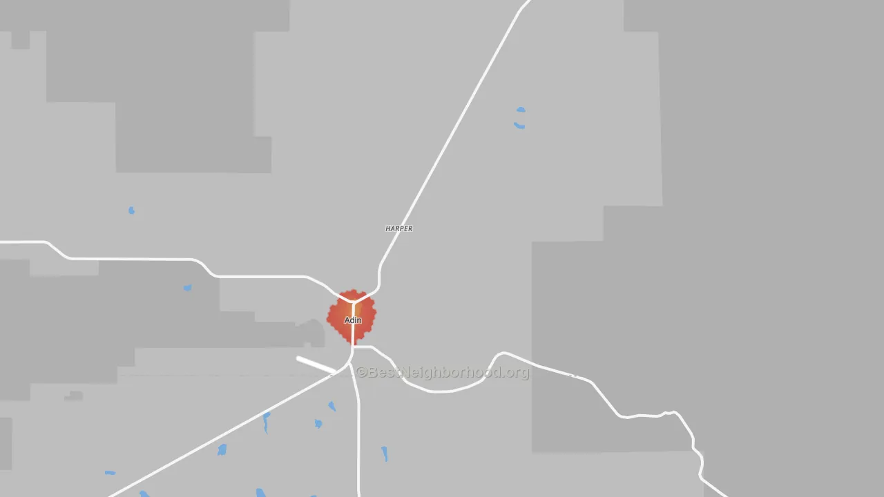 Walk Grade map of Adin, CA, walkable areas in green and car-dependent areas in red