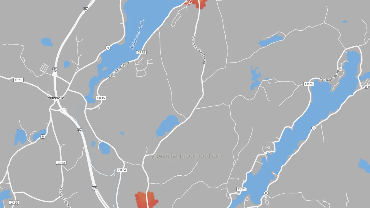 Walk Grade map of Adirondack, NY, walkable areas in green and car-dependent areas in red