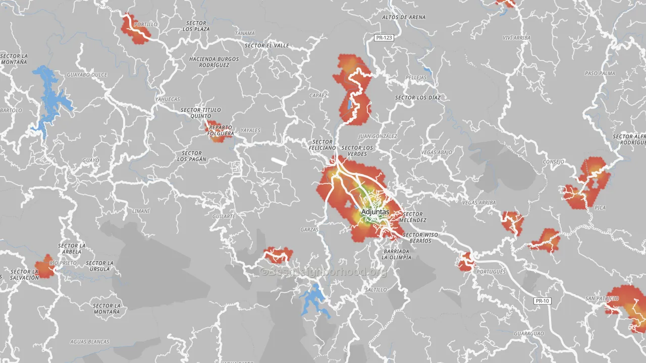 Walk Grade map of Adjuntas Municipio, PR, walkable areas in green and car-dependent areas in red