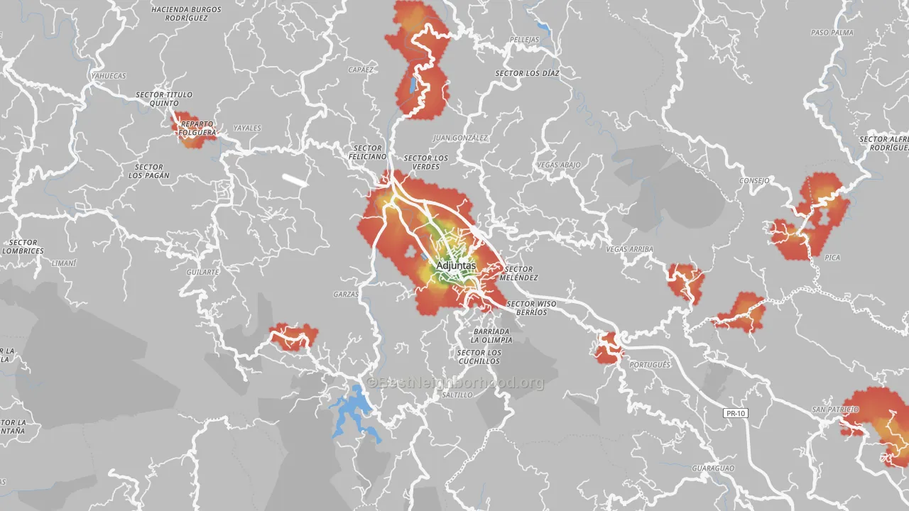 Walk Grade map of Adjuntas, PR, walkable areas in green and car-dependent areas in red