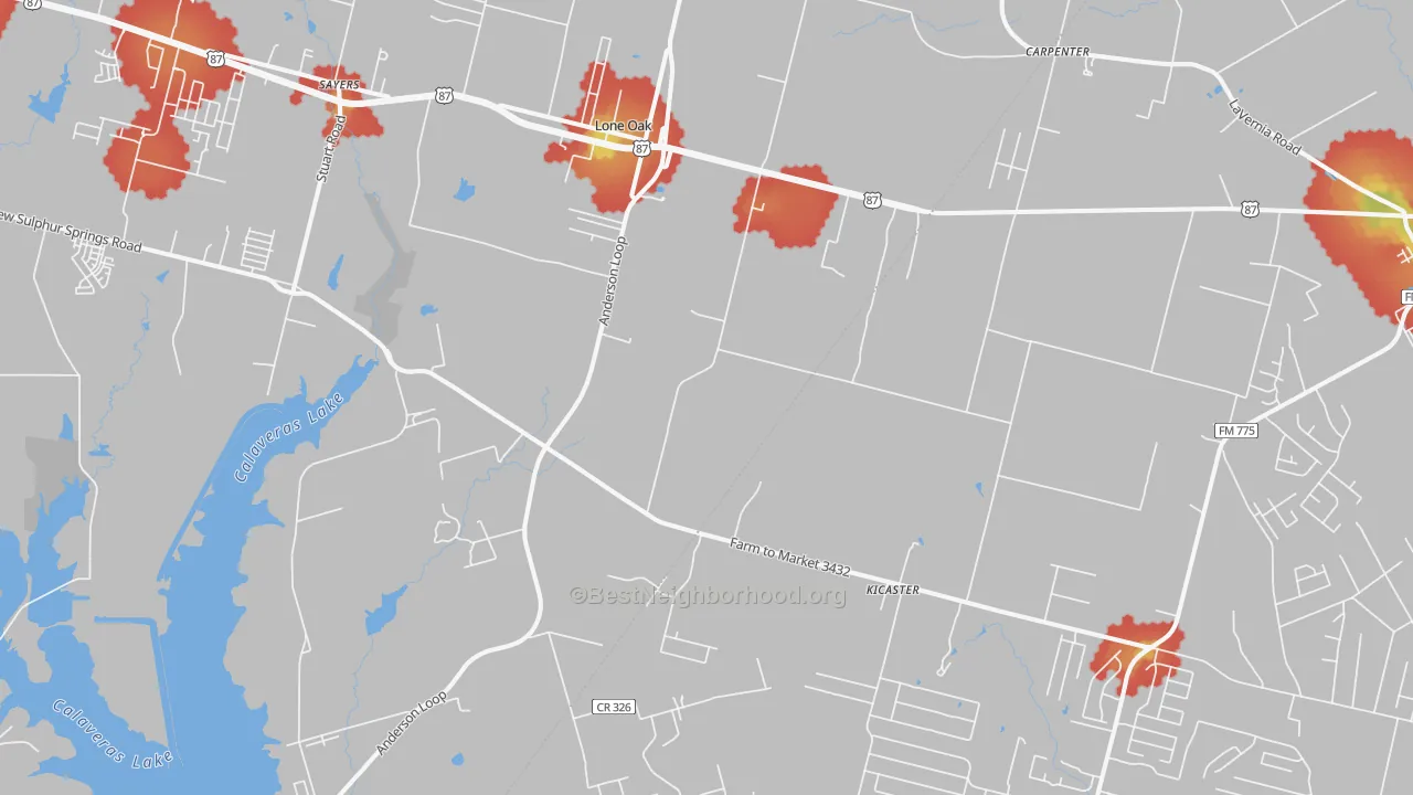 Walk Grade map of Adkins, TX, walkable areas in green and car-dependent areas in red