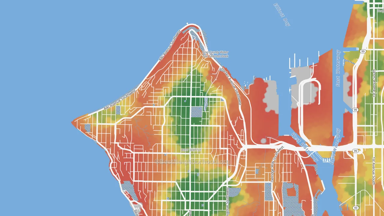 Walk Grade map of Admiral, Seattle, WA, walkable areas in green and car-dependent areas in red