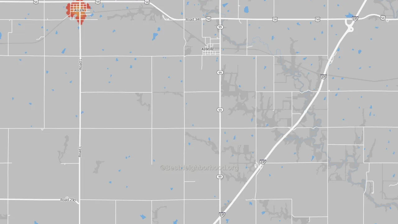 Walk Grade map of Admire, KS, walkable areas in green and car-dependent areas in red