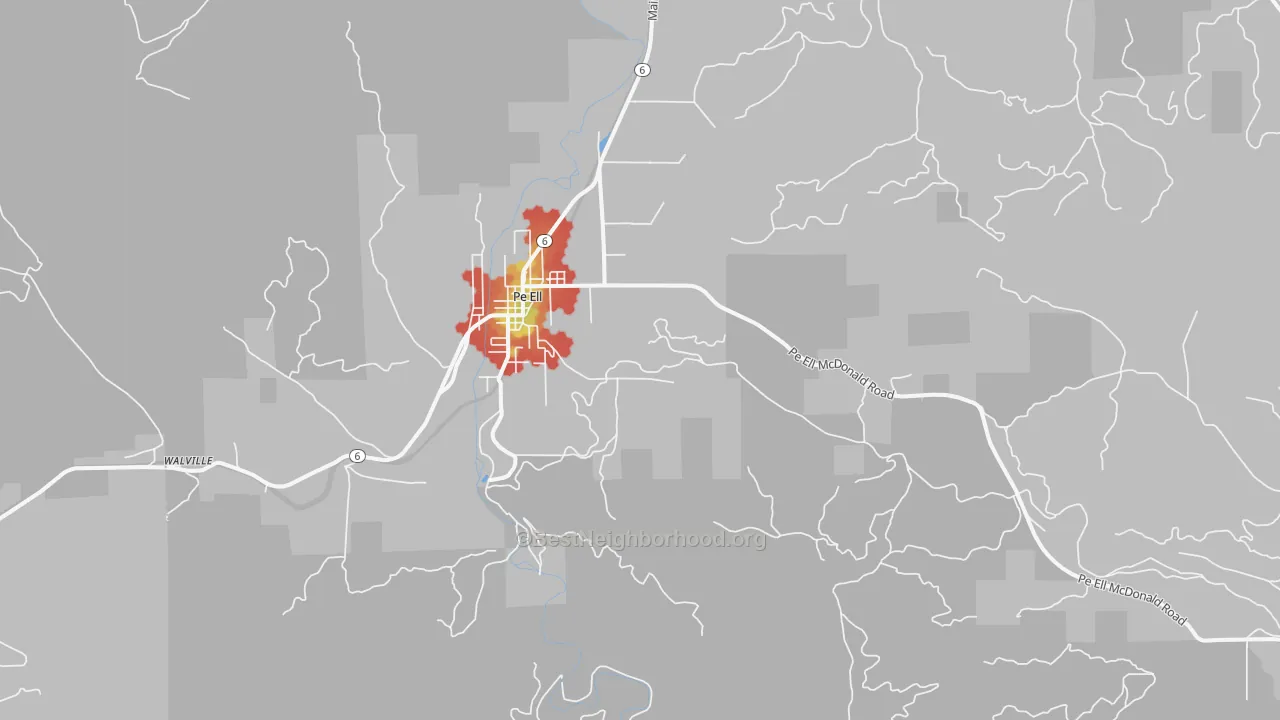 Walk Grade map of Adna, WA, walkable areas in green and car-dependent areas in red