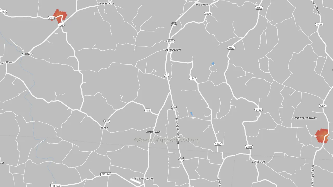 Walk Grade map of Adolphus, KY, walkable areas in green and car-dependent areas in red