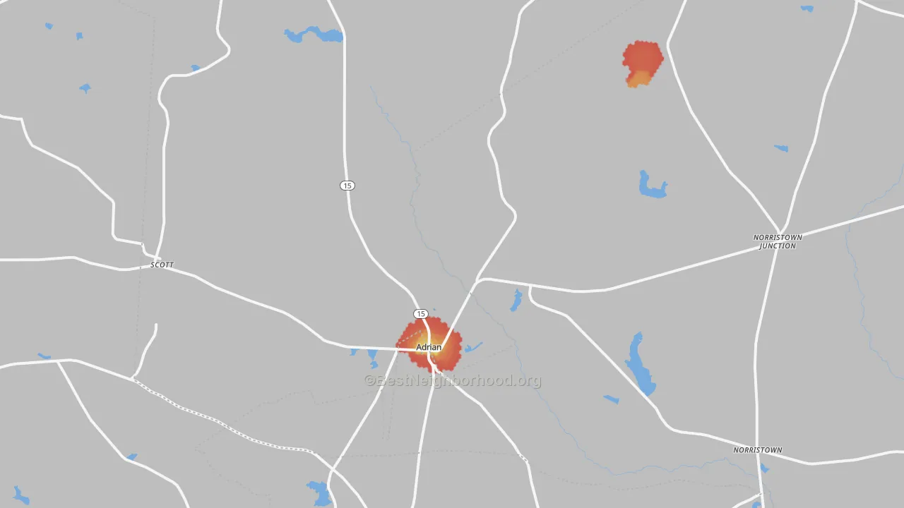 Walk Grade map of Adrian, GA, walkable areas in green and car-dependent areas in red