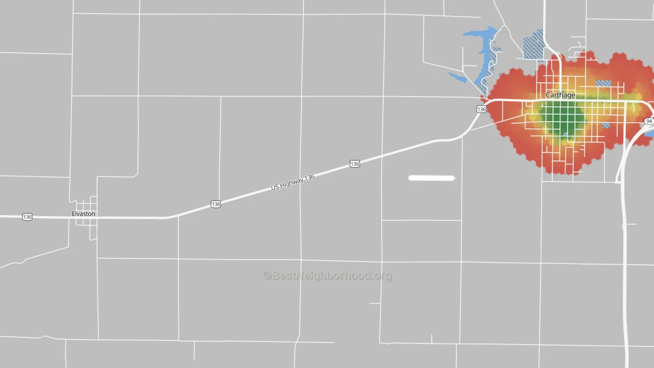 Walk Grade map of Adrian, IL, walkable areas in green and car-dependent areas in red