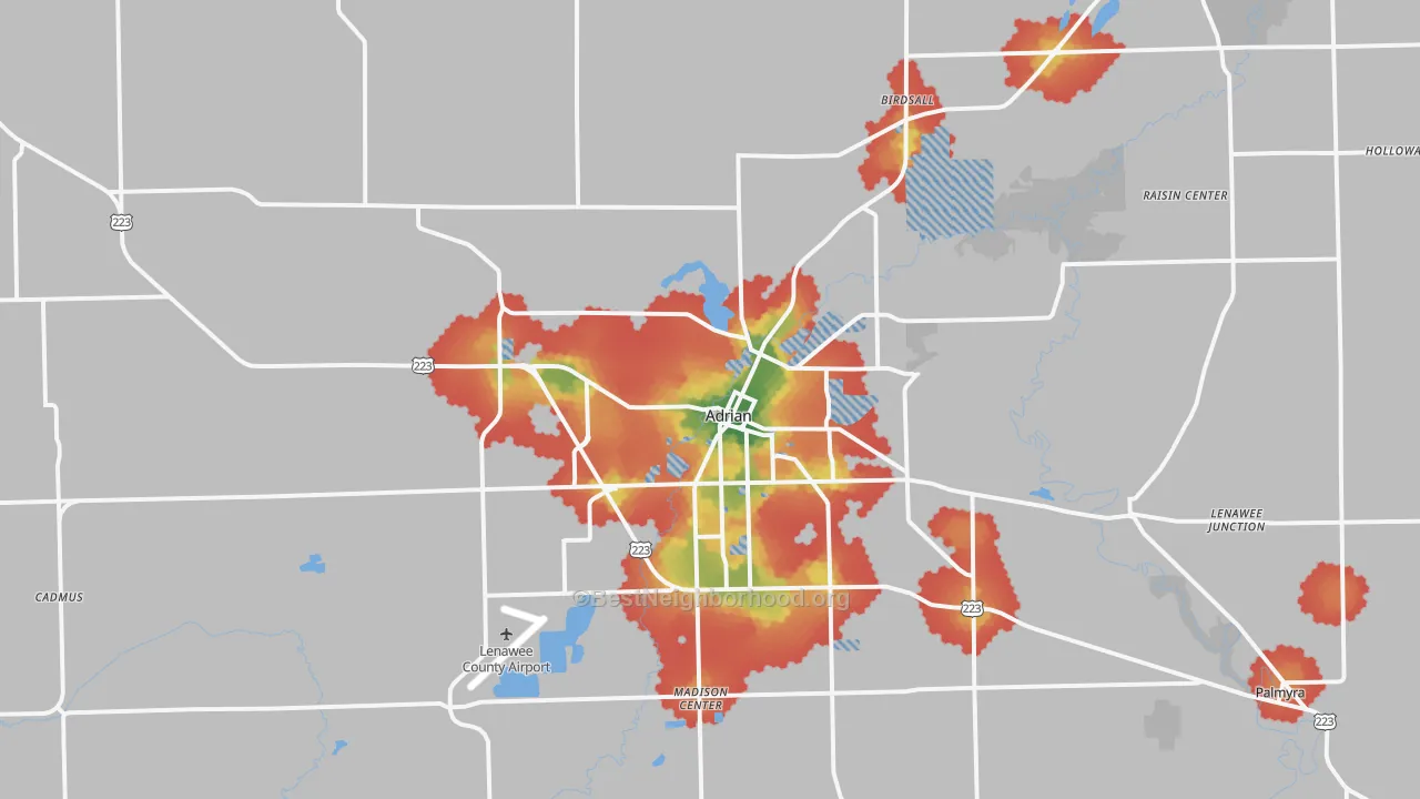 Walk Grade map of Adrian, MI, walkable areas in green and car-dependent areas in red