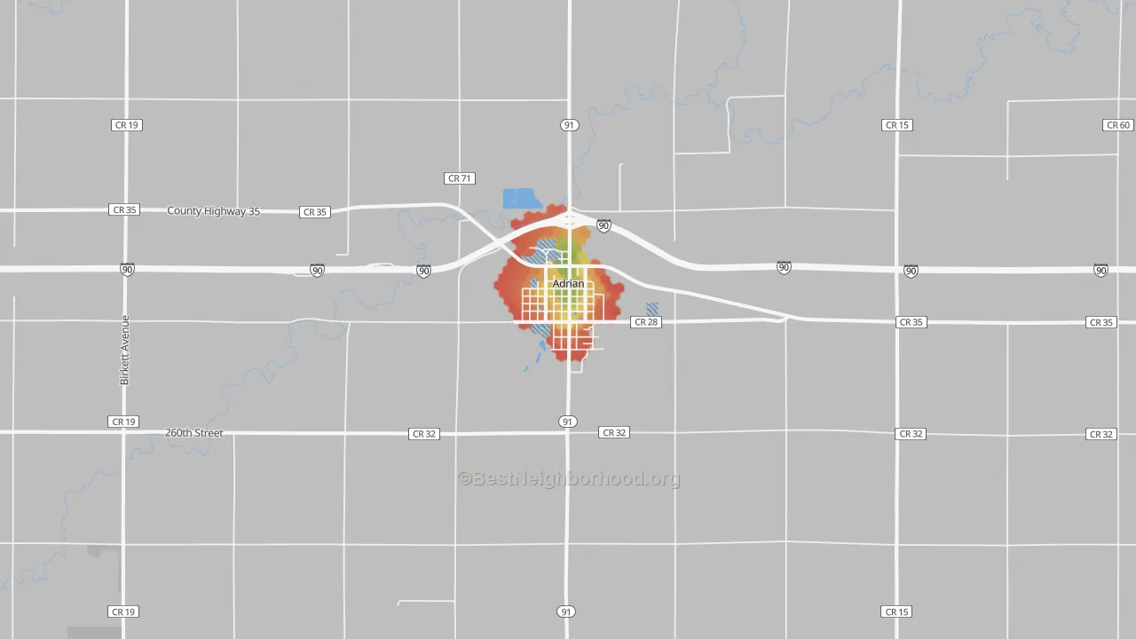 Walk Grade map of Adrian, MN, walkable areas in green and car-dependent areas in red
