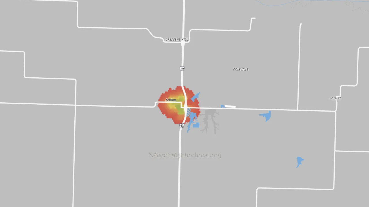 Walk Grade map of Adrian, MO, walkable areas in green and car-dependent areas in red
