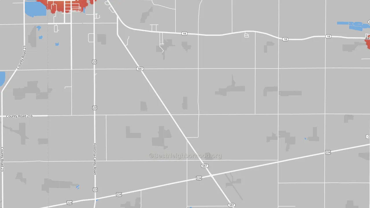 Walk Grade map of Adrian, OH, walkable areas in green and car-dependent areas in red