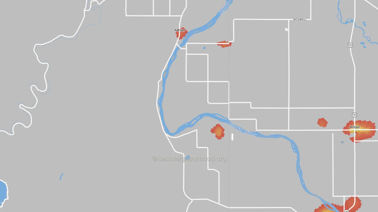 Walk Grade map of Adrian, OR, walkable areas in green and car-dependent areas in red