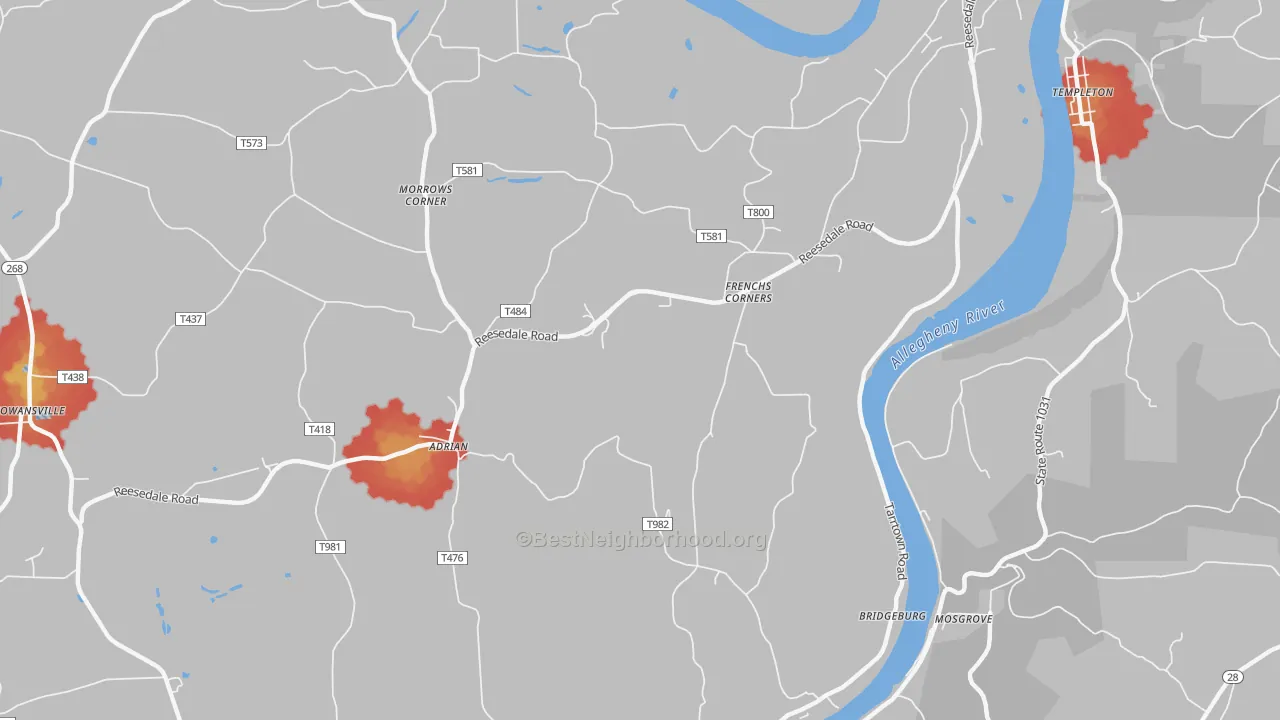 Walk Grade map of Adrian, PA, walkable areas in green and car-dependent areas in red