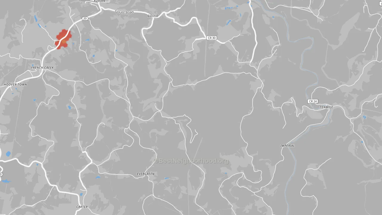 Walk Grade map of Adrian, WV, walkable areas in green and car-dependent areas in red