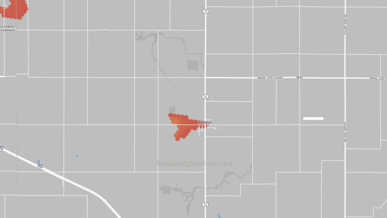 Walk Grade map of Advance, IN, walkable areas in green and car-dependent areas in red
