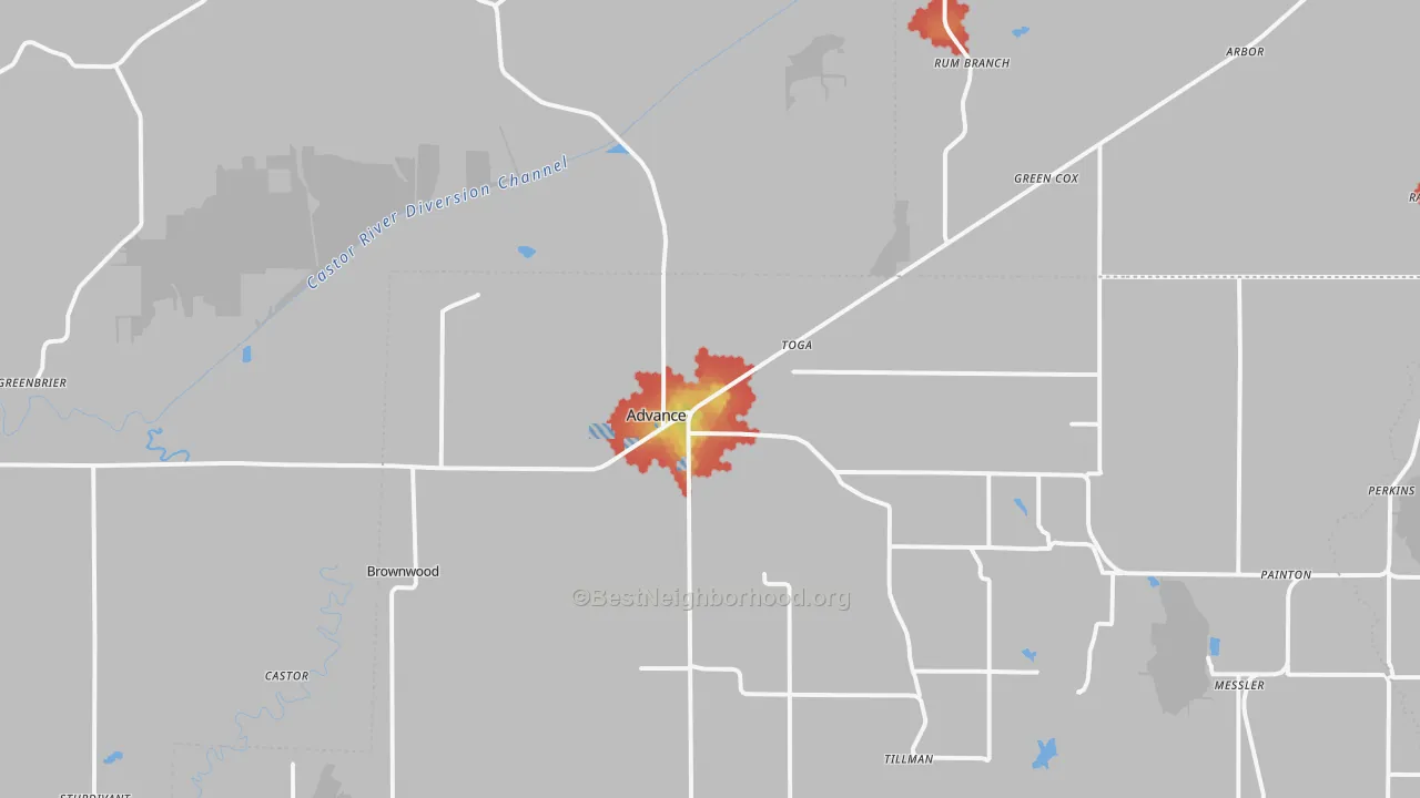 Walk Grade map of Advance, MO, walkable areas in green and car-dependent areas in red