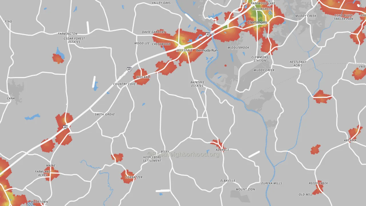 Walk Grade map of Advance, NC, walkable areas in green and car-dependent areas in red