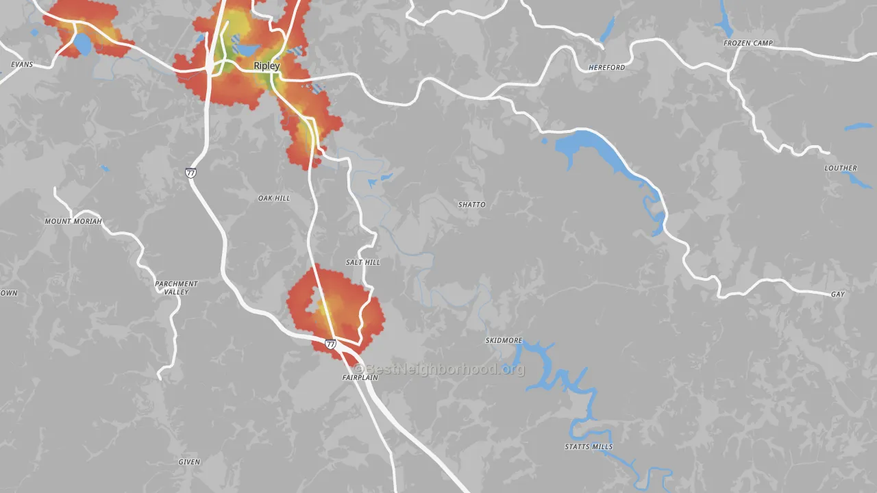 Walk Grade map of Advent, WV, walkable areas in green and car-dependent areas in red