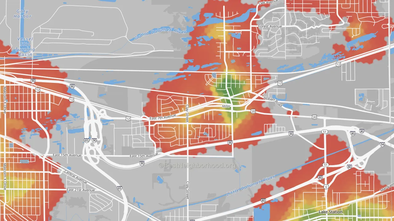 Walk Grade map of Aetna, Gary, IN, walkable areas in green and car-dependent areas in red