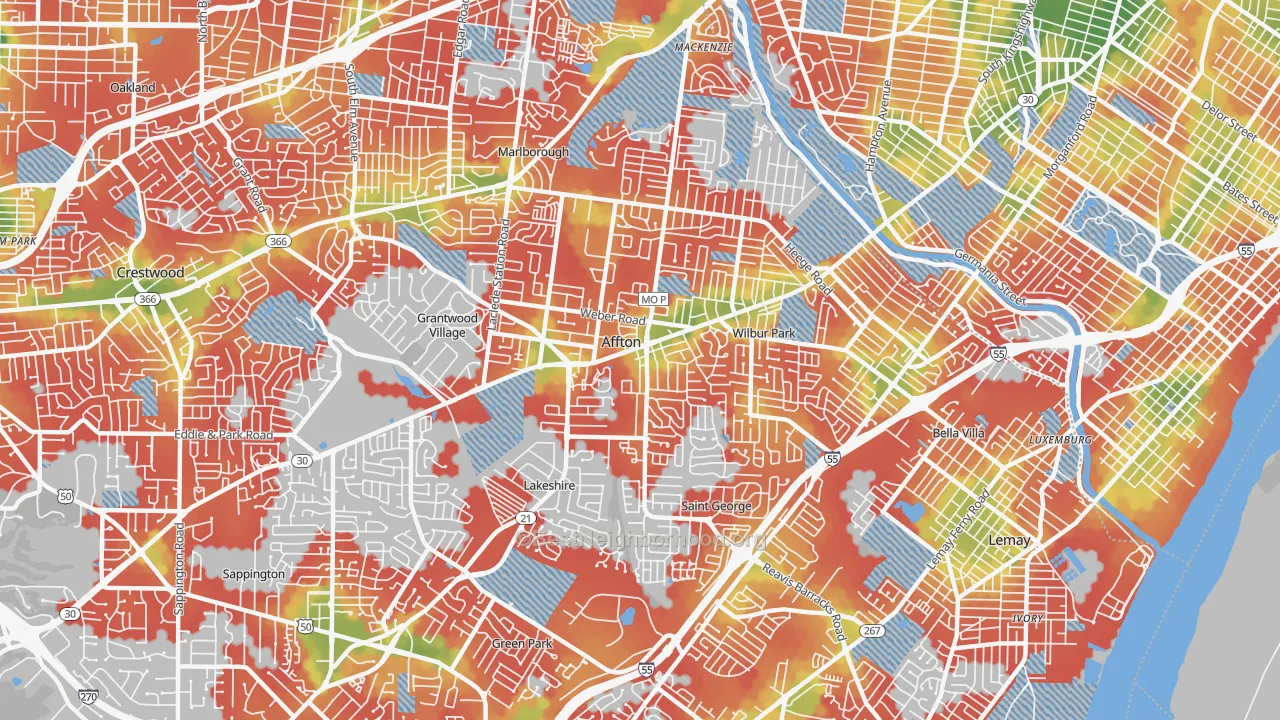 Walk Grade map of Affton, MO, walkable areas in green and car-dependent areas in red
