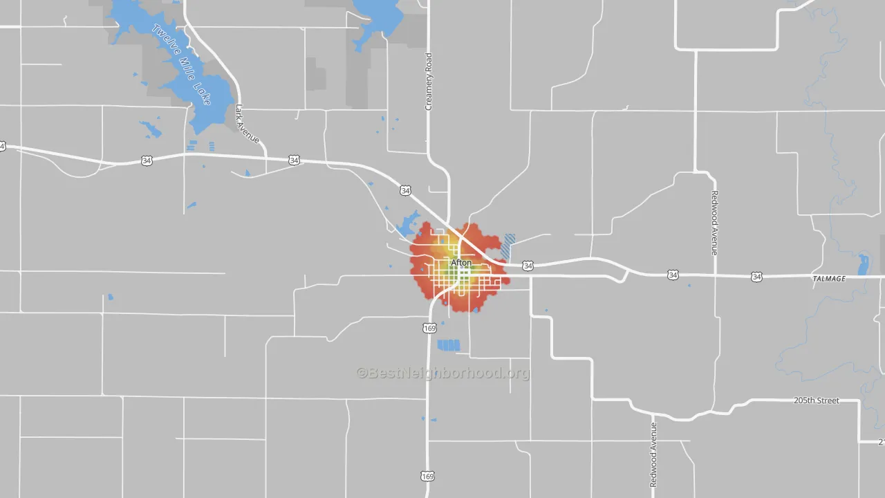 Walk Grade map of Afton, IA, walkable areas in green and car-dependent areas in red