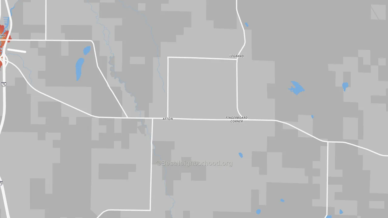 Walk Grade map of Afton, MI, walkable areas in green and car-dependent areas in red