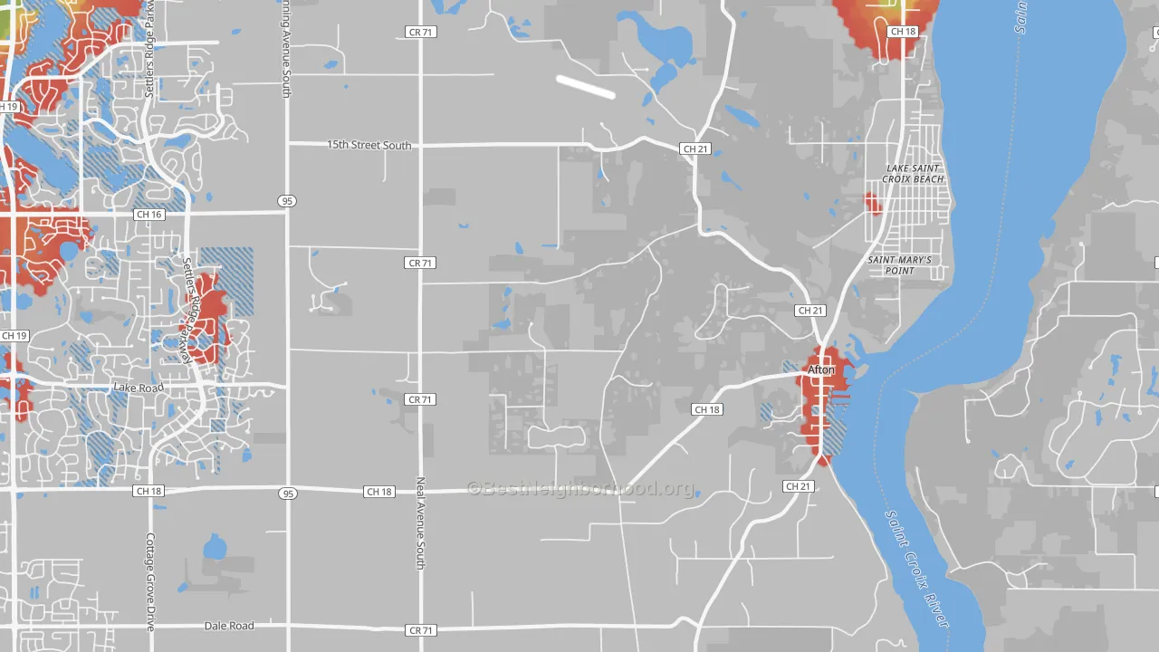 Walk Grade map of Afton, MN, walkable areas in green and car-dependent areas in red