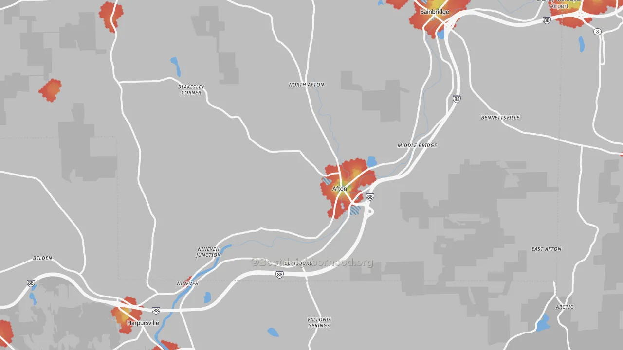 Walk Grade map of Afton, NY, walkable areas in green and car-dependent areas in red