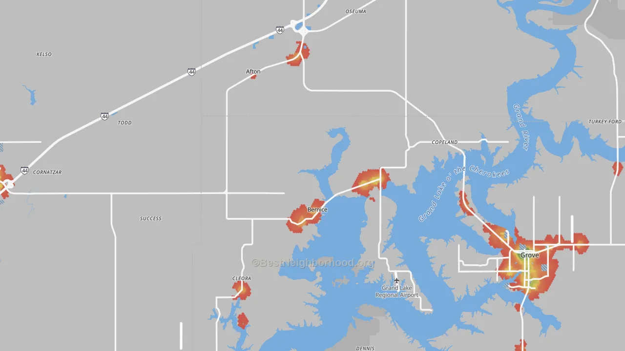Walk Grade map of Afton, OK, walkable areas in green and car-dependent areas in red