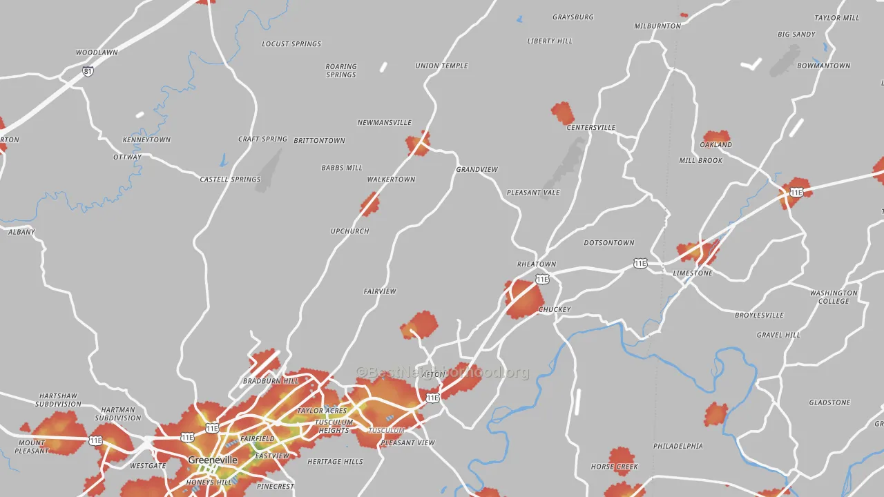 Walk Grade map of Afton, TN, walkable areas in green and car-dependent areas in red