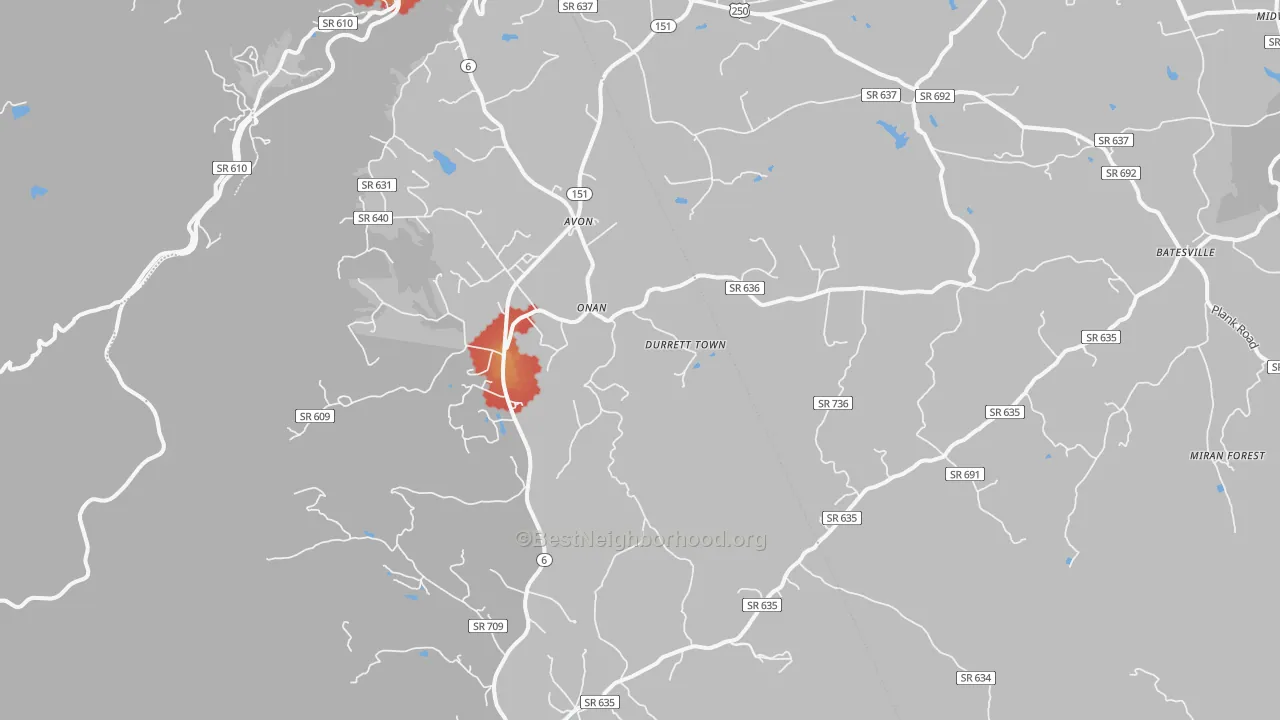 Walk Grade map of Afton, VA, walkable areas in green and car-dependent areas in red